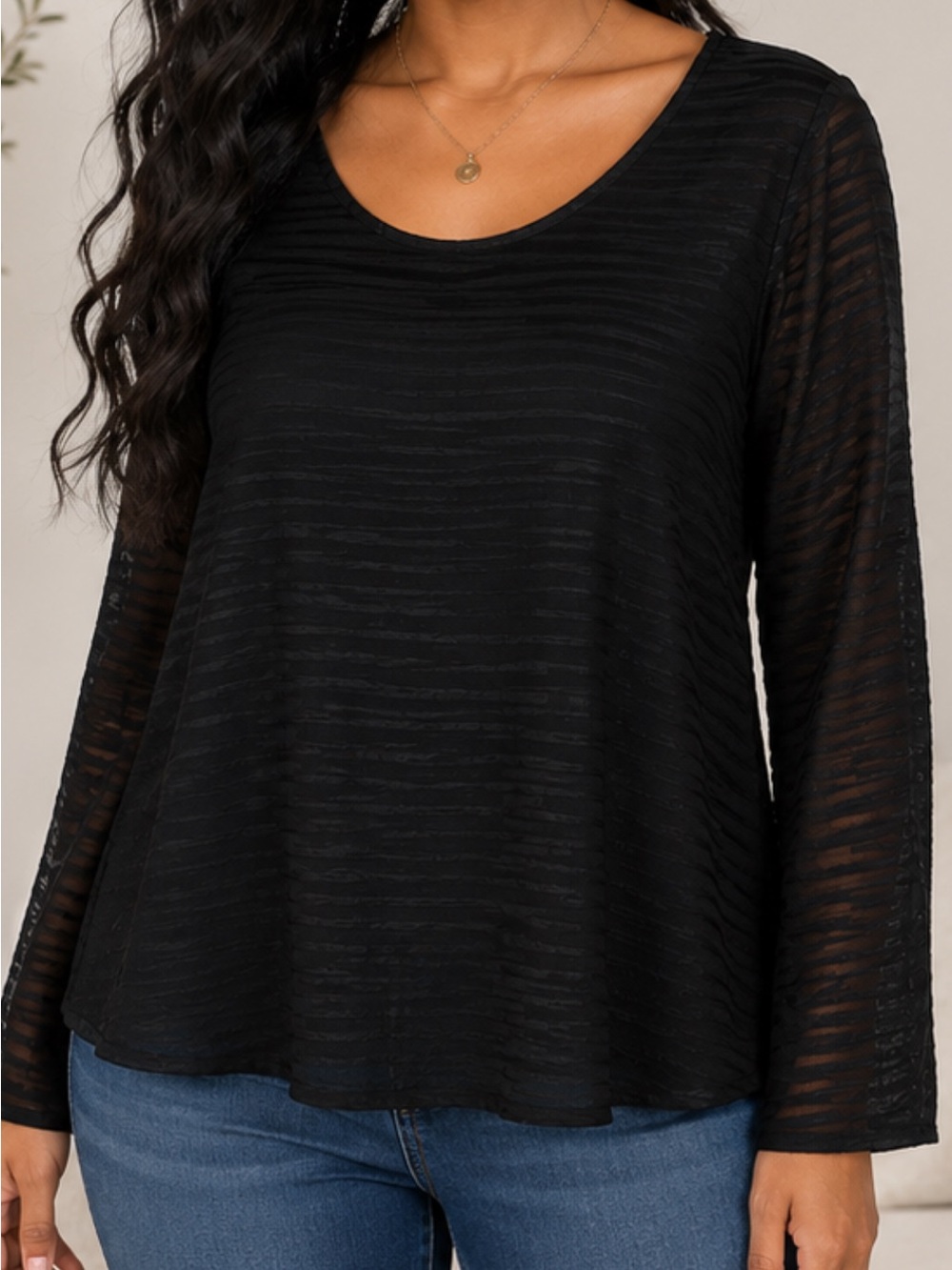 The Limited Black Textured Long-Sleeve Scoop Neck Top